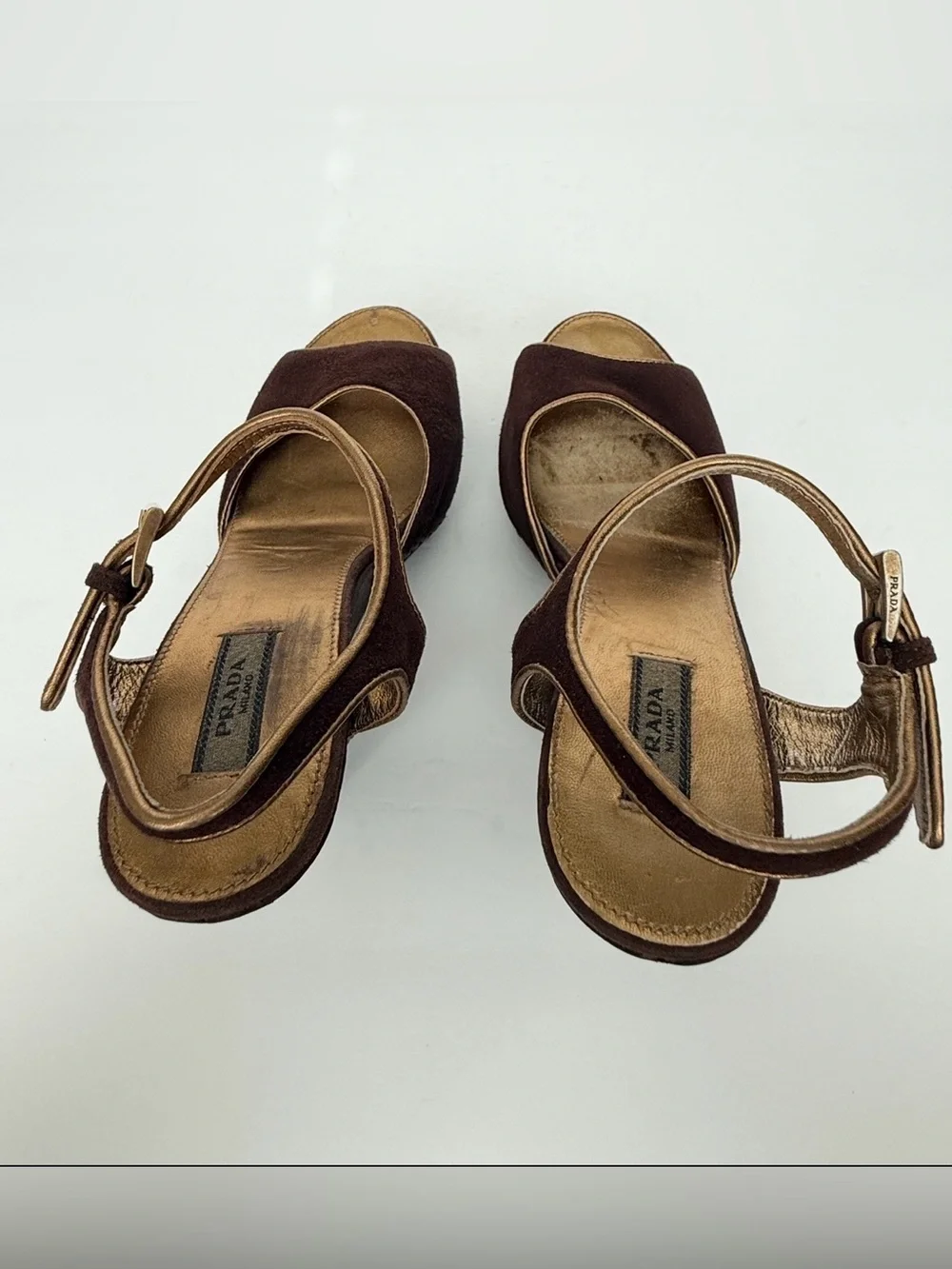 Vintage Prada Brown Suede Studded Platform Wedge Slingback Sandals 35.5/5.5